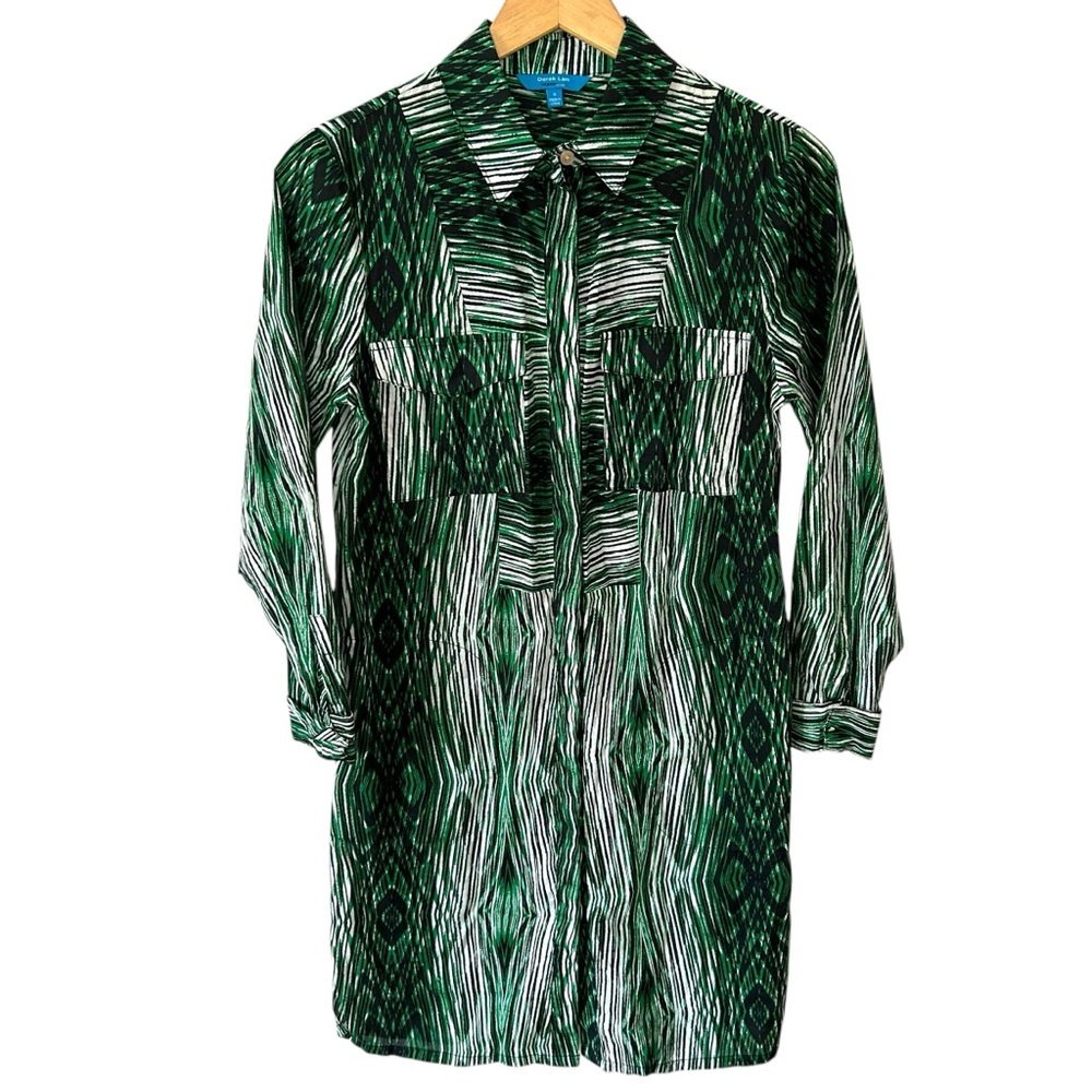 Derek Lam Design Nation Green‎ Pattern Button Down Collared Neckline Shirt Dress